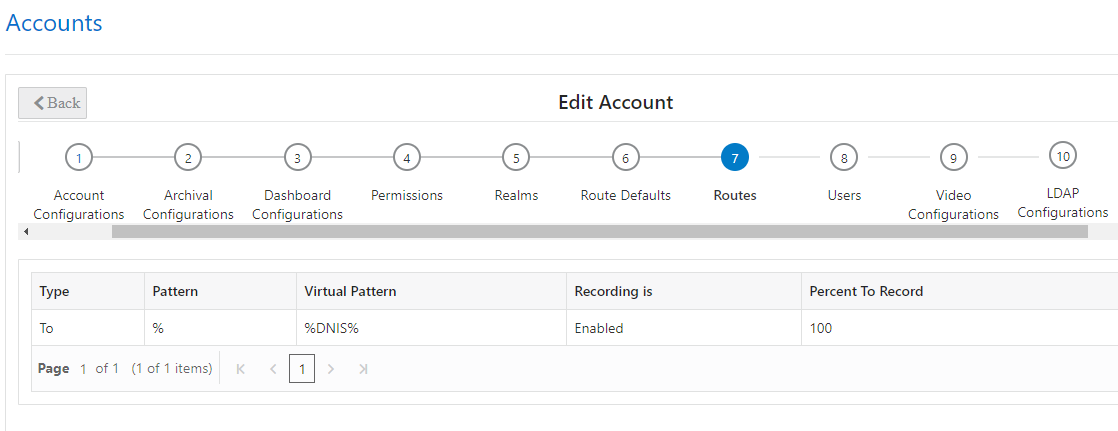 This screenshot shows the Accounts Routes page.