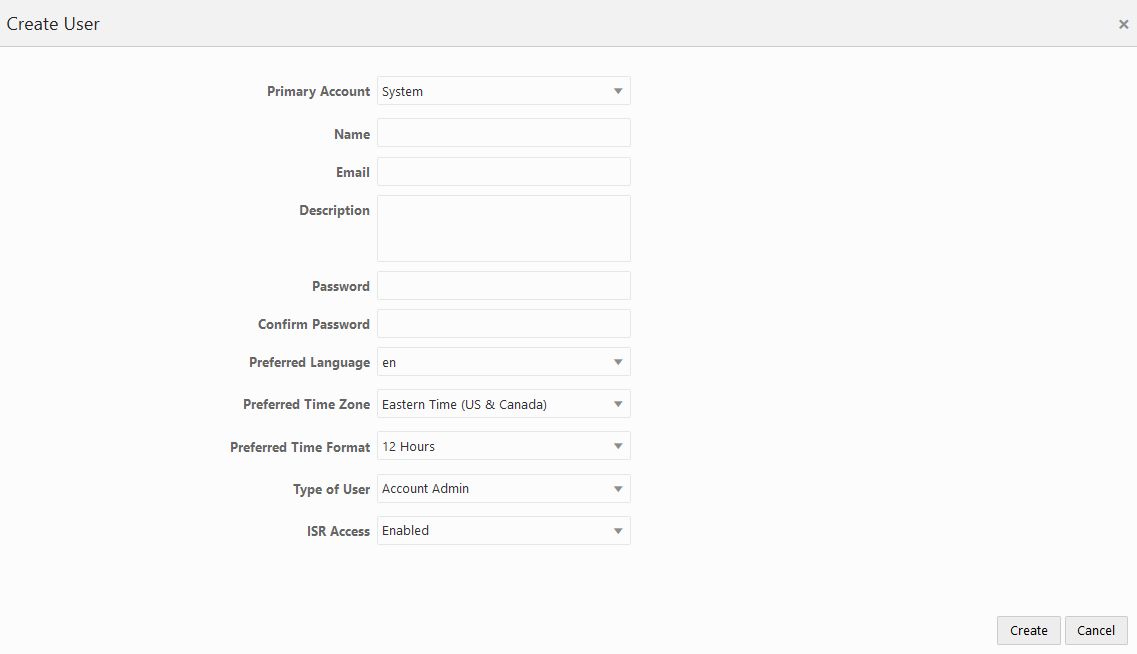 This screenshot shows the Create User page.