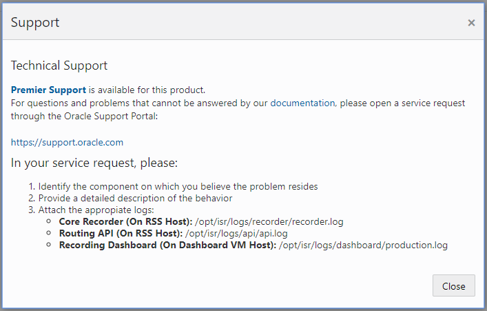 This screenshot shows the Support dialog box.