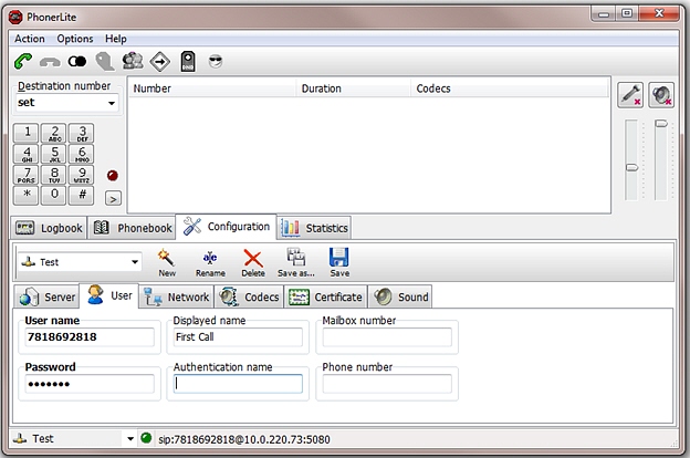 This screenshot shows the PhonerLite configuration's user page.
