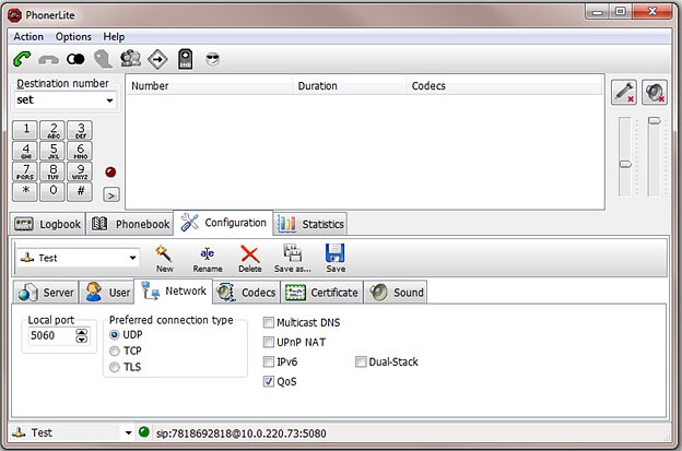 This screenshot shows the PhonerLite configuration's Network page.