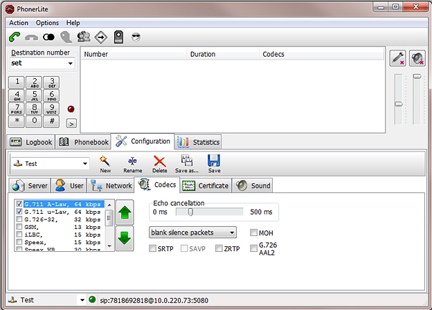 This screenshot shows the PhonerLite configuration's Codecs page.