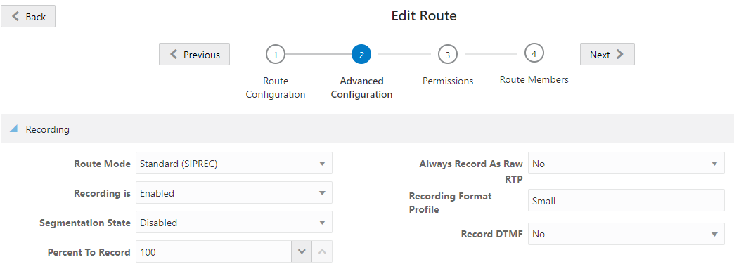 This screenshot shows the Route page's Advanced Confiuration page.