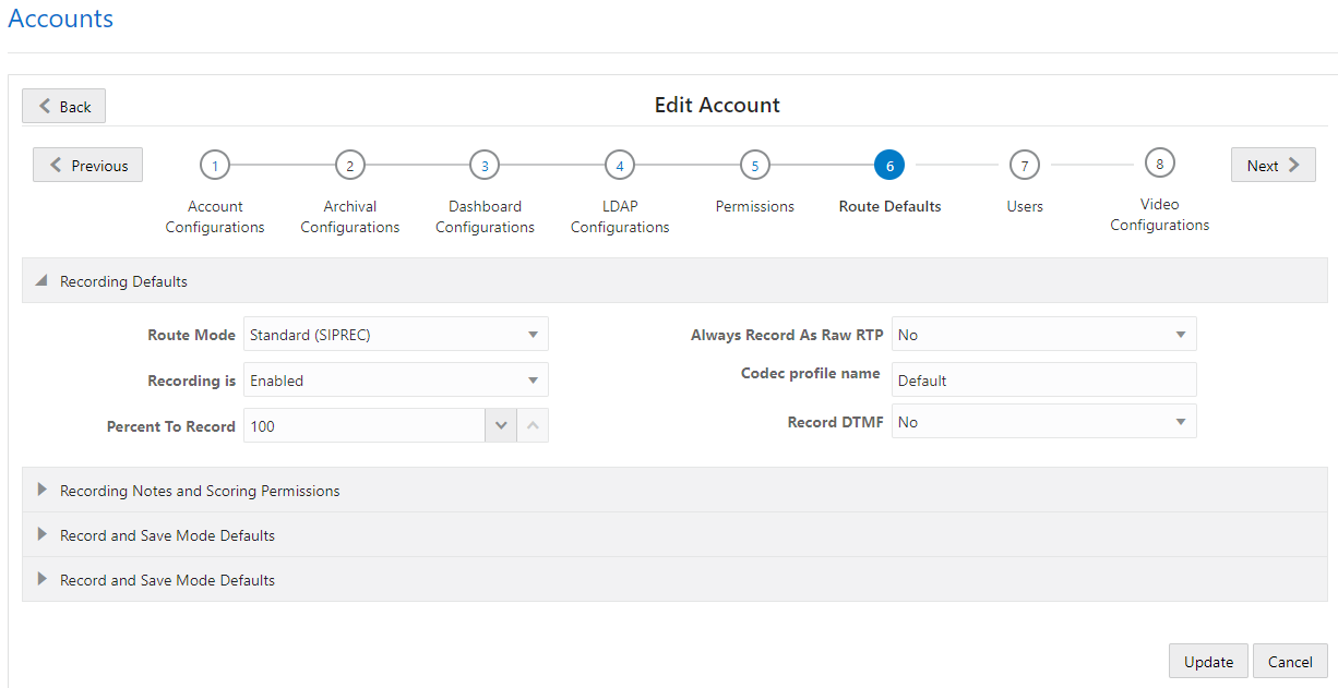 This screenshot shows the Accounts page's Route Defaults page.