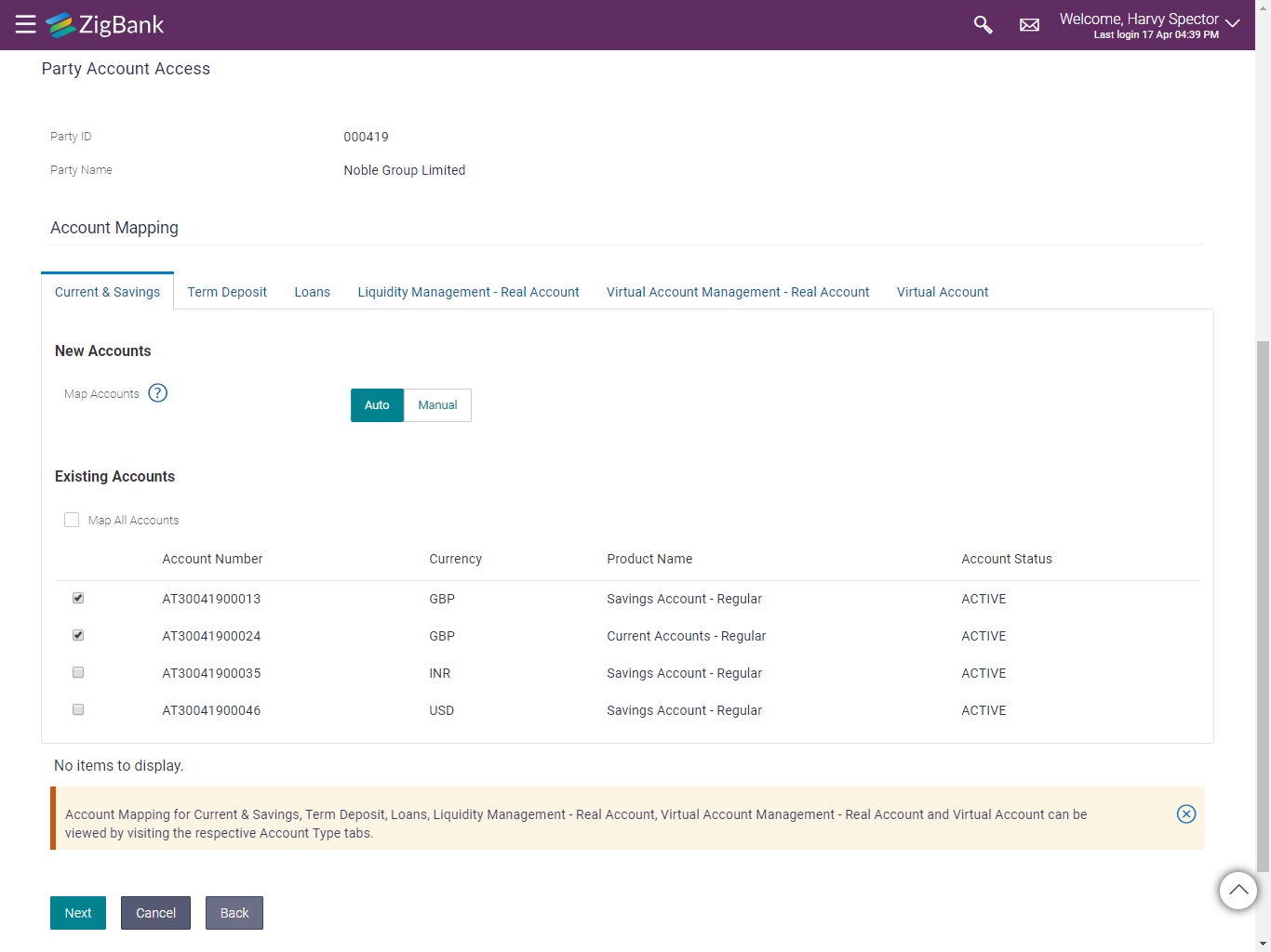 Party Account Access - Account Mapping (Own Account Mapping)- Create 