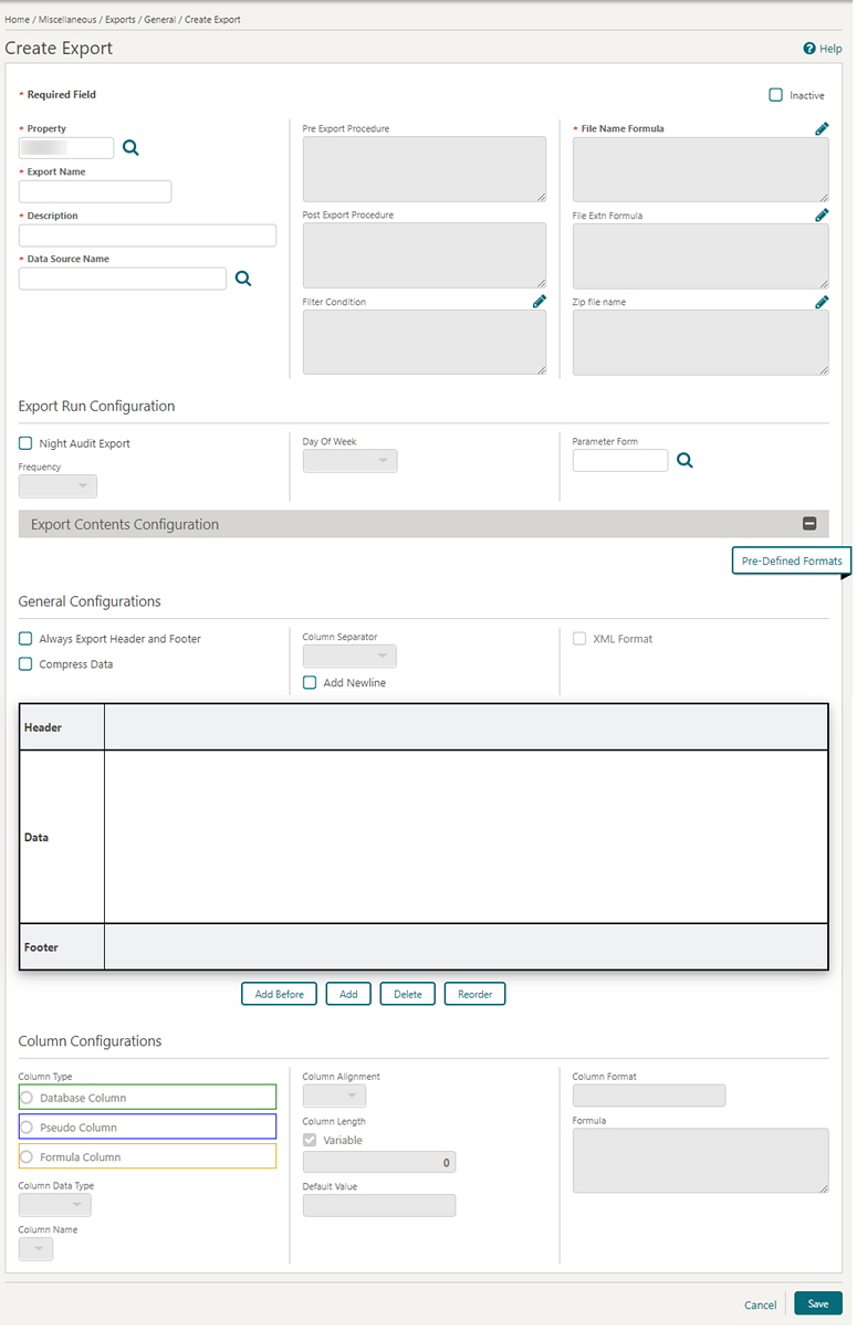 This image shows the Create Export screen details