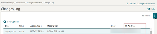 This image shows the Changes log screen with the IP address column