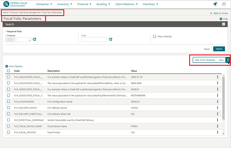 This image shows the Fiscal Folio Parameters screen details