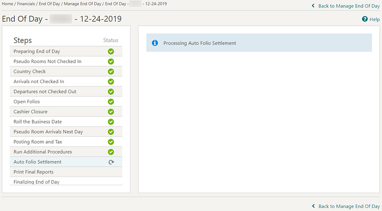 This images shows the End Of Day procedure processing screen details