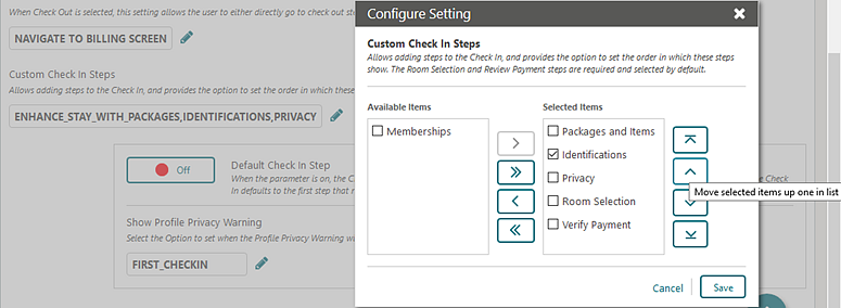 This image shows the custom check in steps screen