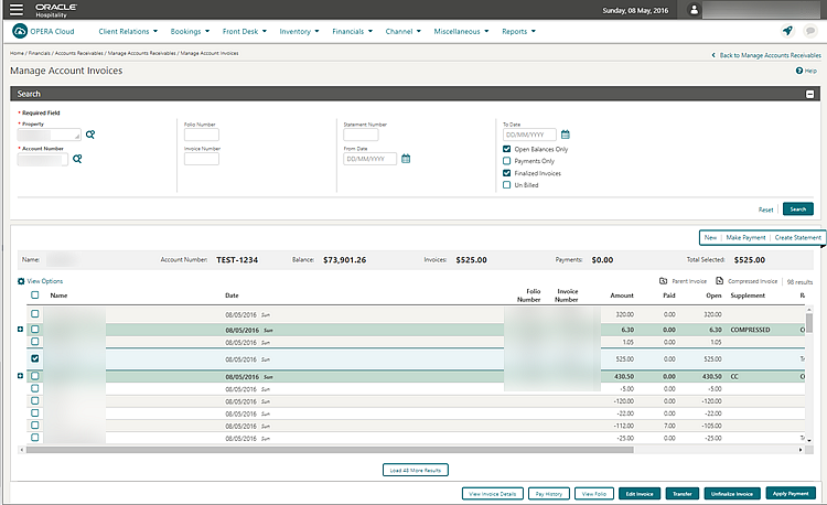 This image shows the Manage Account Invoices screen