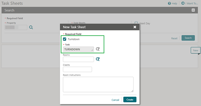 This image shows the New Task sheet with the required field check box and task field option