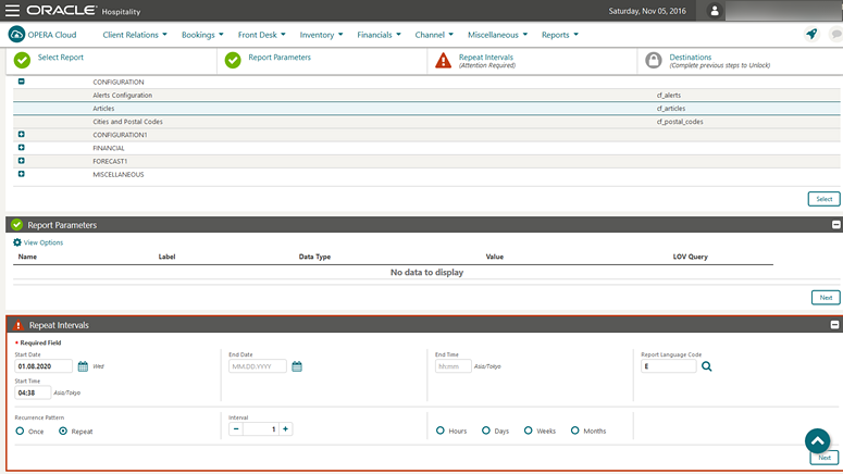 This image shows the Scheduled reports screen with the updated Repeat Intervals panel