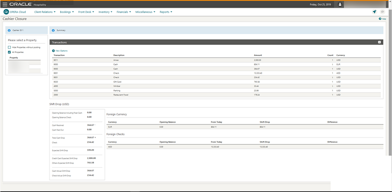 This image shows the Cashier Closure screen details