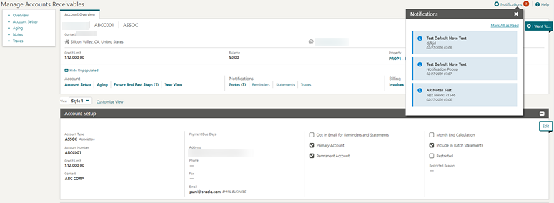 This image shows the Notifications link added on the Manage Accounts Receivables screen
