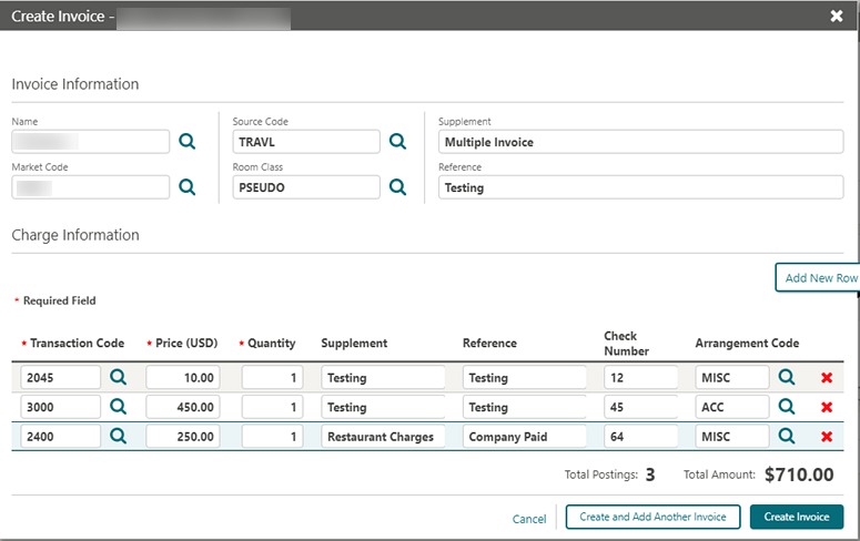 This image shows the Create Invoice screen details