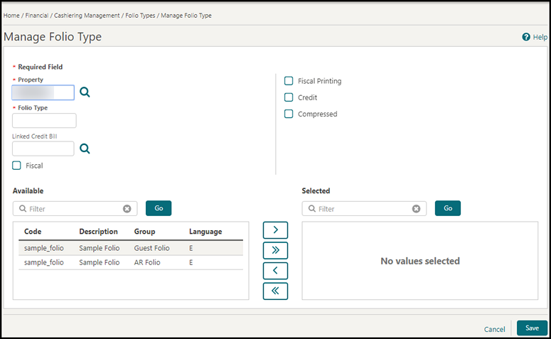 This image shows the Manage Folio Type screen details