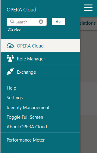 This image shows the OPERA Cloud side menu screen