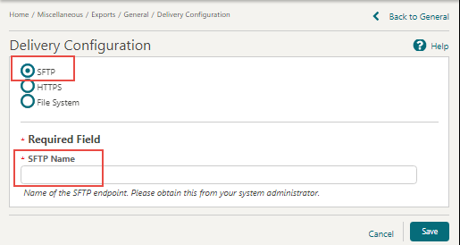 This image shows the Delivery Configuration screen with SFTP option selected