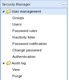 The figure displays Security Manager slider parameters for user management, which include: groups, users, password rules, intactivity timer, password notification, change password, and authentication. This slider also displays audit log parameters, which include the view and purge operations. The figure displays Security Manager slider parameters for user management, which include: groups, users, password rules, intactivity timer, password notification, change password, and authentication. This slider also displays audit log parameters, which include the view and purge operations.