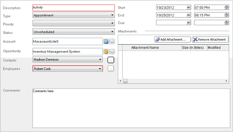 Layout of the Activity Form: The layout consists of a Fields section with a number of fields, an Attachment section with the Add Attachment button, and a Comments section.
