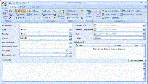 Layout of the Activity Form: The layout consists of a Fields section with a number of fields, an Attachment section with the Add Attachment button, and a Comments section.