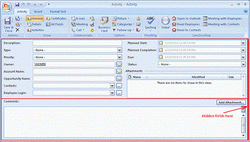 Activity Form: This image shows a form divided into a start section (containing a number of fields and the Attachments section) and an end section (containing the Comments section). The text Hidden fields here appears in the end section with an arrow pointing to the border of the form.