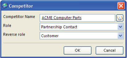 Client Display Dialog Box: This image shows a dialog box labeled Competitor with the fields Competitor Name, Role and Reverse role.