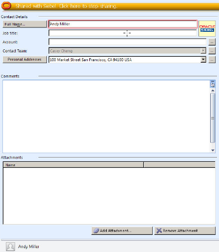 Contact Form That Siebel CRM Desktop Displays After You Remove the Notes Section: This images shows the Contact form after the notes section is removed.