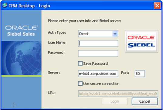 Dialog Box That Siebel CRM Desktop Displays for a Direct Connection: This image shows a form to enter a User Name and Password for the CRM Desktop Login. The Auth Type field has the value Direct. The Server, Port and URL fields also contain values.