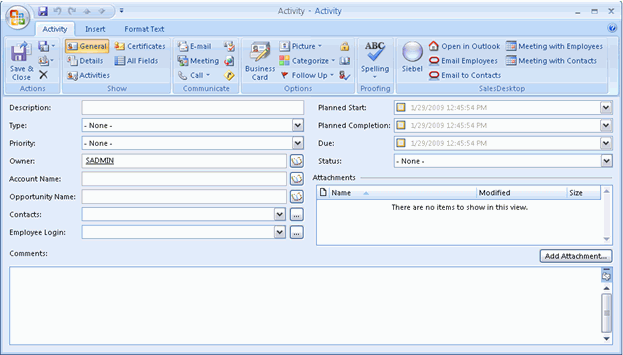 Layout of the Activity Form