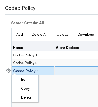 This screen shot shows the new context menu that displays the Edit, Copy, and Delete controls for a row in a configuration table.