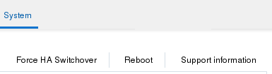 This screen capture shows the new center pane header for the System tab. It now include the Force H A Switchover, Reboot, and Support Information buttons that used to be in the navigation pane.