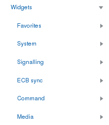 This screen capture shows the categories of widgets that display when you click the Widgets arrow.