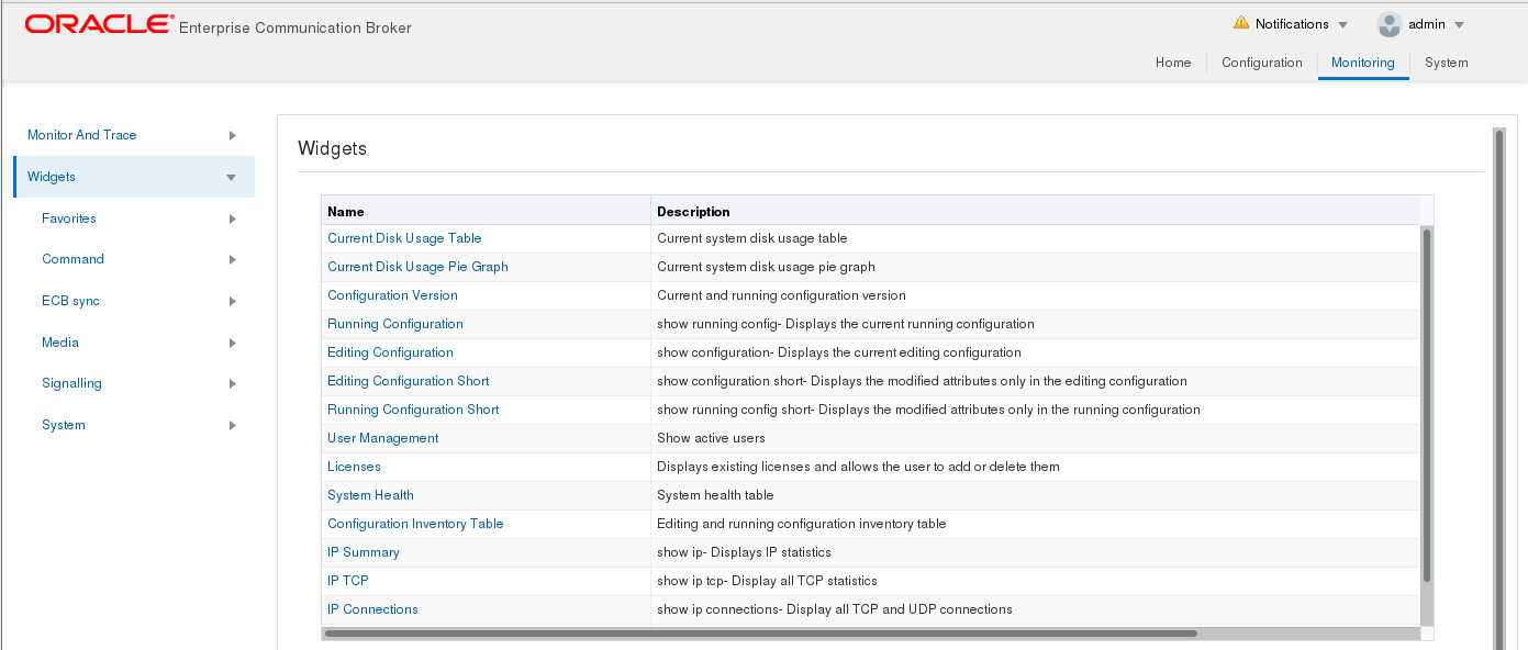 This screen capture shows the Widgets links as displayed on the Monitoring tab. This screen capture shows the Widgets links as displayed on the Monitoring tab.