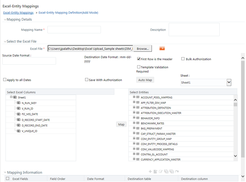 This illustration shows the Excel-Entity Mappings window. The window has panes such as, Mapping Details, Select the Excel File, Source Date Format, Select Excel Columns, and Select Entities. To add an excel entity mapping, you need to specify the fields in these panes.
