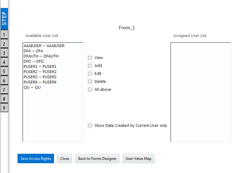 Description of the DEFQ – Save window follows This illustration shows the DEFQ – Save window. You can select the User List from the list and assign the access rights in this window.