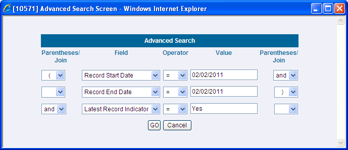 Description of the Advanced Search window follows This illustration shows the Advanced Search window, which enables you to perform an advanced search in the DEFQ - Data Entry window.