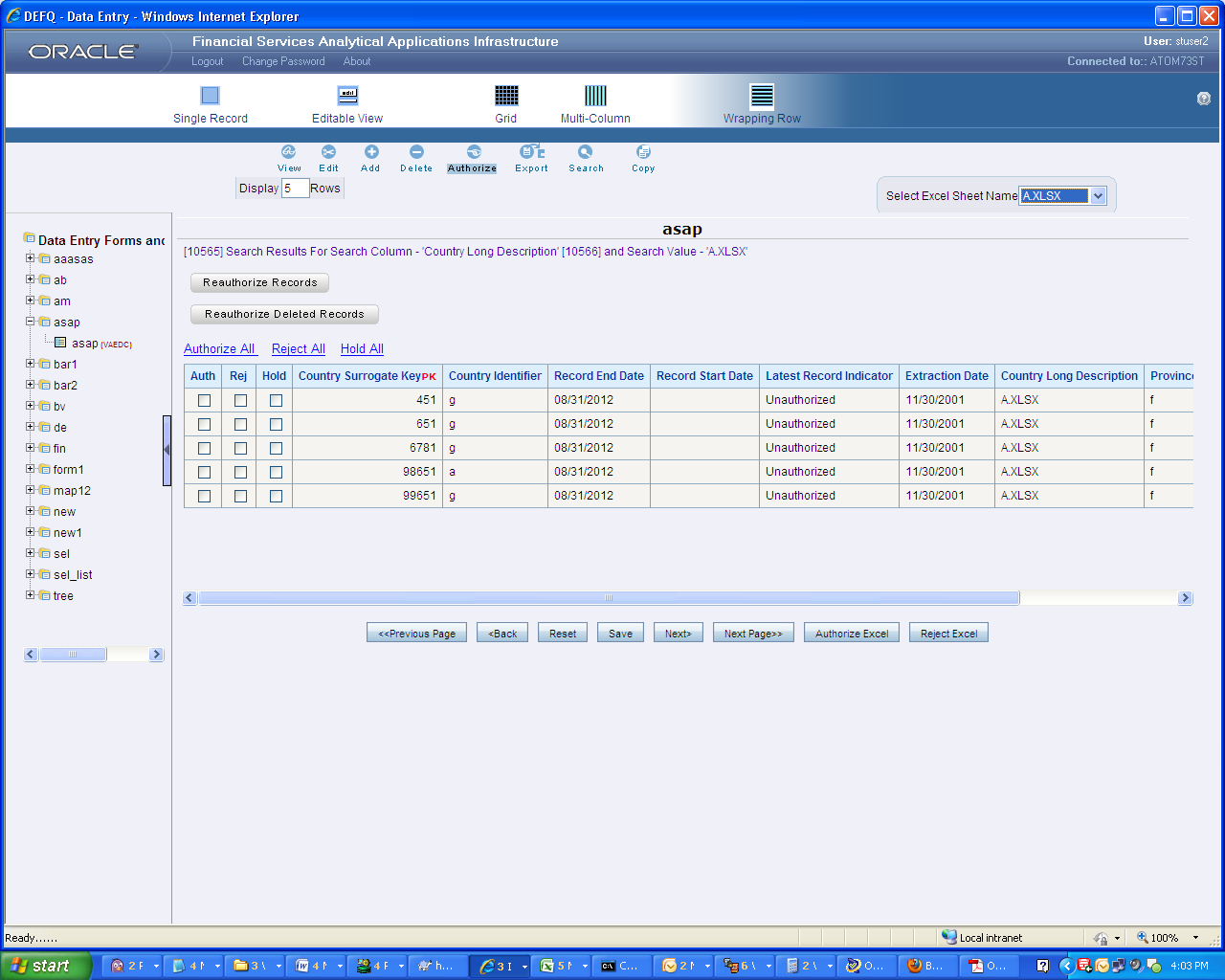 Description of the DEFQ - Data Entry Authorization window follows This illustration shows the DEFQ - Data Entry Authorization window, you can Authorize record in a table which has a primary key field. A primary key field in the record is indicated by “PK”.