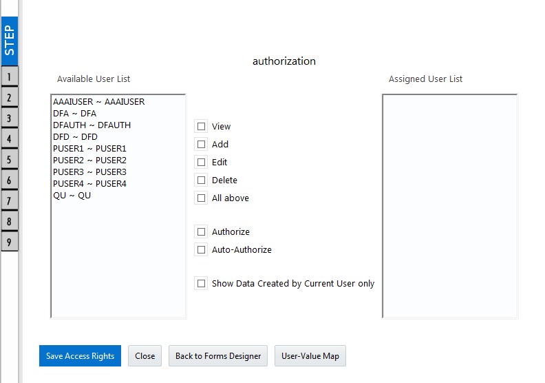 Description of the DEFQ – Data Entry Save Authorization window follows This illustration shows the DEFQ – Data Entry Save Authorization window. You can select the user that you want to authorize from the Available User List and click Save Access Rights to provide the rights to the user.