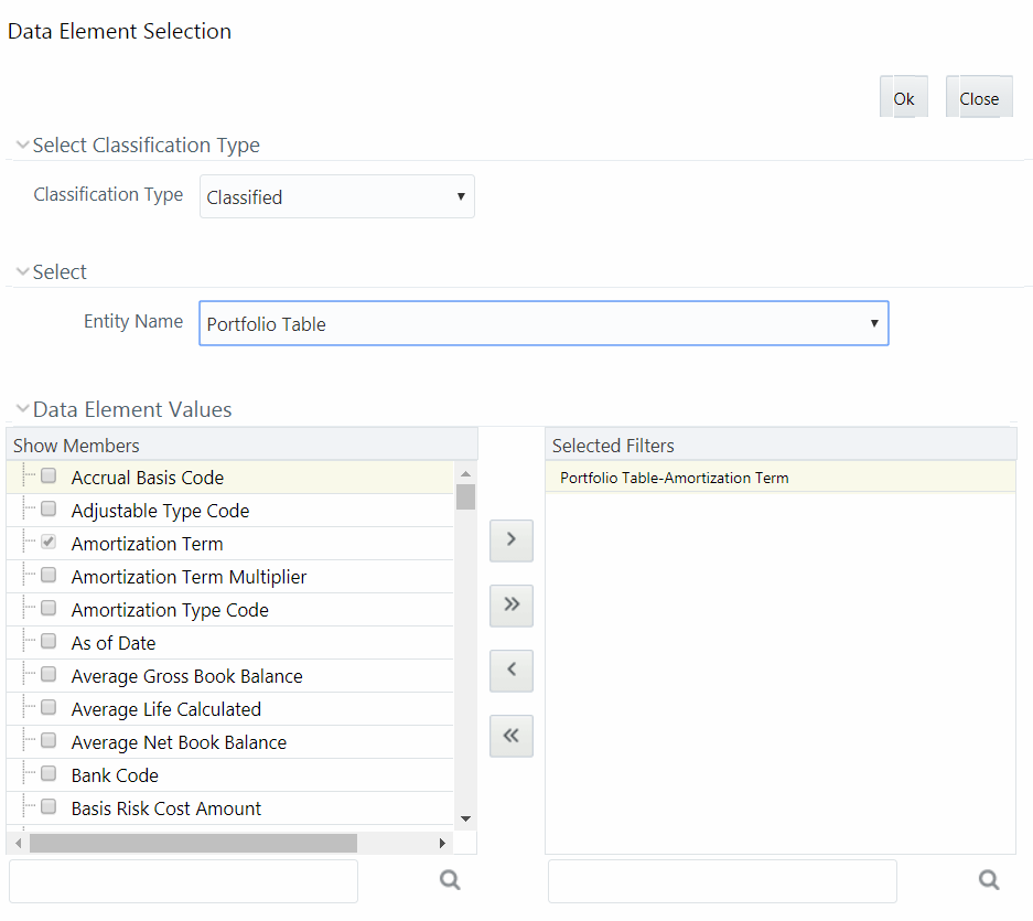 Description of the Data Element Selection window follows This illustration shows the Data Element Selection window. The window has panes such as, Select Classification Type, Select, and Data Element Values. To add the data element, you need to specify the fields in these panes.