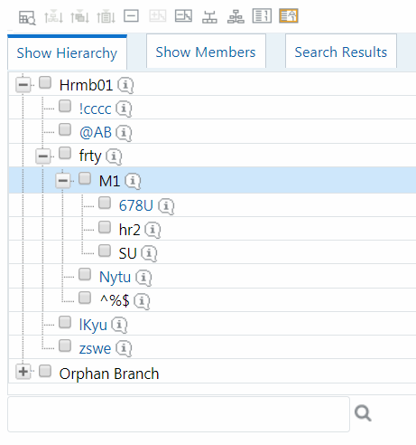 Description of the Show Hierarchy tab This illustration shows the Show Hierarchy tab, which displays the leaves in each node in ascending order of Members. You can expand the hierarchy to select the required value.