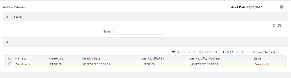 The Holiday Calendar summary page displays the already defined holiday calendars with the details.