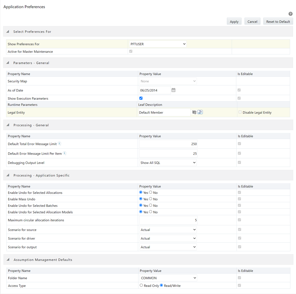 The Application Preference screen allows you to define the preferences that are used by the Insurance Allocation Manager for Enterprise Profitability application. This is a one-step process and defined the first time when you are going to use the application.