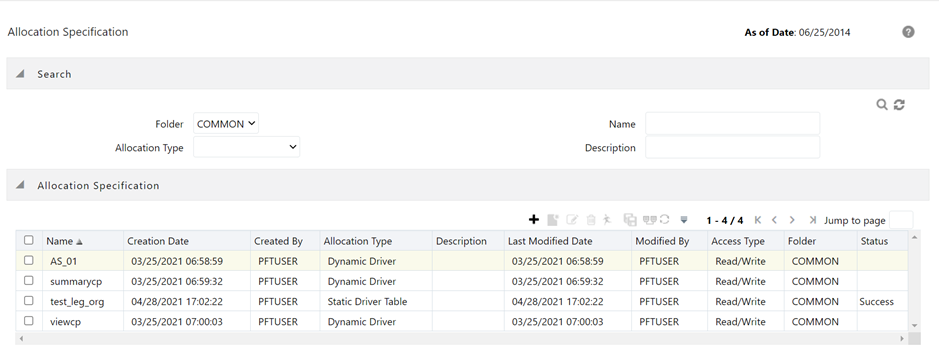 The Allocation Specification Summary page displays the allocation specifications that are already defined.