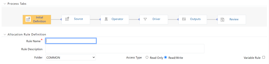 This screen allows you to define new allocation specification rule by entering rule name, description, folder, access type, and variable rule.