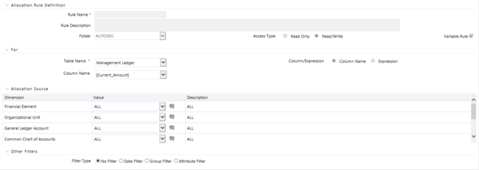This screen allows you to define the allocation specification rule with a variable rule option selected.