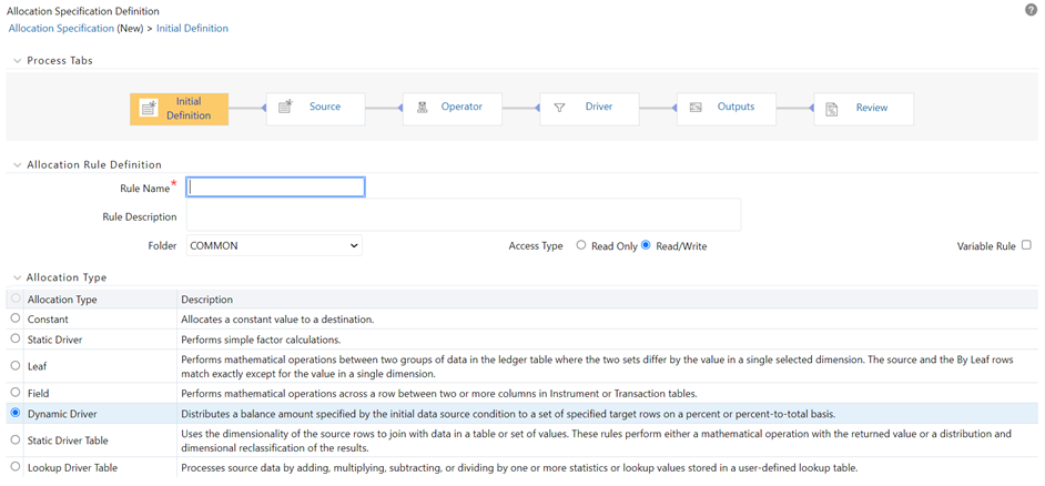The Initial Definition tab allows you to select the basic details like rule name, description, access type, and variable value to the new allocation specification rule.