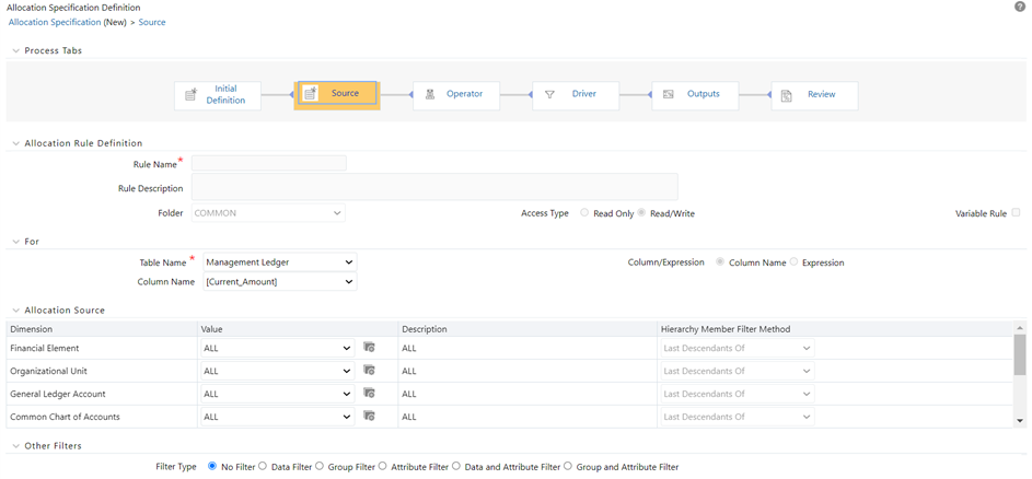 This screen allows you to define the Management Ledger as the Source in allocation rules.