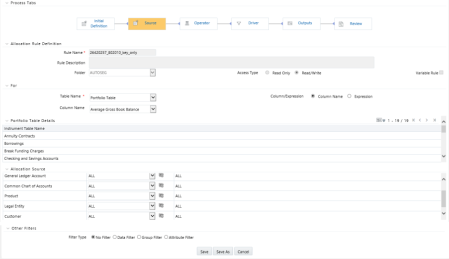 The Allocation Source pane is used to provide dimensional constraints on your Source data. For any dimension, you may constrain your source data by selecting a leaf member, a roll-up member within a Hierarchy, or a Hierarchy Filter.